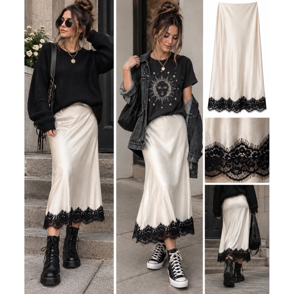 White Satin Lace Trim Midi Skirt Whimsy Grunge Off White